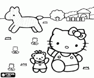 desenho de Hello Kitty no campo com um cavalo e uma fazenda no fundo para colorir