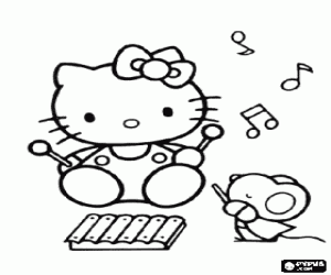 desenho de Hello Kitty tocando o xilofone na dire��o de seu melhor amigo, o rato Joey para colorir