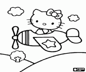 desenho de Hello Kitty voando com um avi�o pequeno para colorir