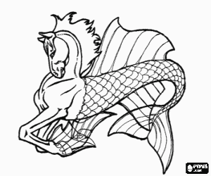 desenho de Hipocampo - Animal com cabe�a, tronco e as pernas da frente do cavalo e com as costas de um grande peixe para colorir
