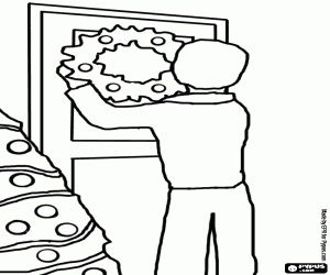 desenho de Homem pendurado a coroa de Natal na porta da sua casa para colorir