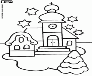 desenho de Igreja no Natal com o pinheiro sob as estrelas para colorir