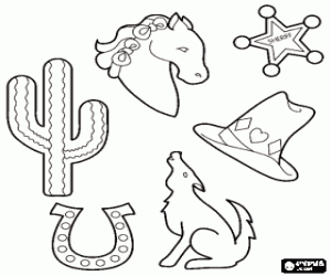 desenho de Imagens t�pica do Velho Oeste: um cacto, uma ferradura, um cavalo, um chap�u de cowboy, um coiote e uma estrela de xerife para colorir