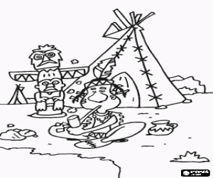 desenho de �ndio fumando o cachimbo da paz, em frente de sua barraca ou tipi e do totem de sua aldeia para colorir