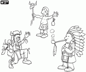 desenho de �ndios americanos em v�rios ritos tradicionais: fumar o cachimbo da paz, e dan�ando em uma cerim�nia invocando os esp�ritos para colorir