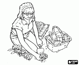 desenho de Jardineira na planta��o de flores ber��rio no jardim para colorir