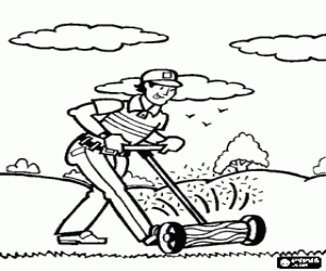 desenho de Jardineiro cortando a grama de um campo de golfe com o cortador para colorir
