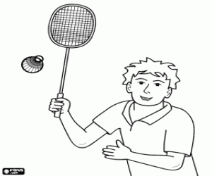 desenho de Jogador de Badminton pronto para acertar a peteca com a raquete para colorir