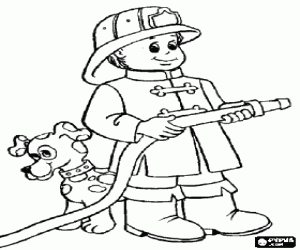 desenho de Jovem bombeiro com a mangueira pronto com o seu c�o para colorir