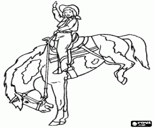 desenho de Jovem  cavaleira cowboy montando um cavalo sobre as pernas na frente para colorir