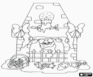 desenho de Lareira adornada para a V�spera de Natal com Papai Noel cutucando sua cabe�a para colorir