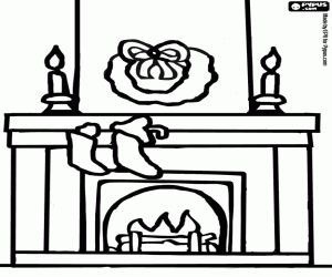 desenho de Lareira decorada para as festas de Natal com o fogo queimando para colorir