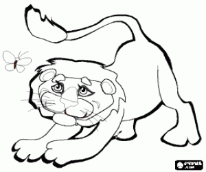 desenho de Le�o novo que joga com uma borboleta para colorir