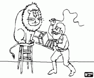 desenho de Le�o sentado em um banquinho ao lado do seu treinador com um chicote e uma cadeira nas m�os para colorir