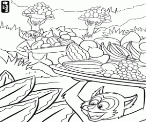 desenho de Lemurs carregando grandes bandejas de frutas para colorir