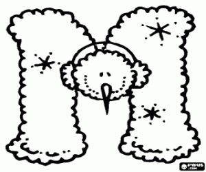 desenho de Letra M com um boneco de neve com aquecedores de orelha para colorir
