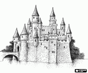 desenho de Lindo castelo cercado por �gua com a suas ponte, torres e torre�es para colorir