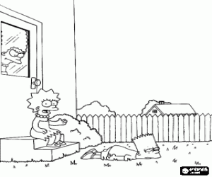desenho de Lisa falando ate o infinito e Bart cansado e aborrecido em seu jardim sob o olhar atento de Marge para colorir