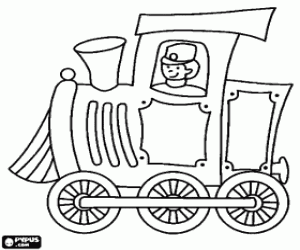 desenho de Locomotiva a vapor com o maquinista para colorir