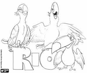 desenho de Logo do filme Rio, com três de seus protagonistas: as araras Blu, Jewel e o tucano Rafael para colorir