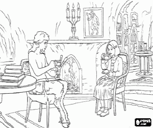 desenho de Lucy Pevensie tomando ch� na casa do fauno Mr. Tumnus para colorir