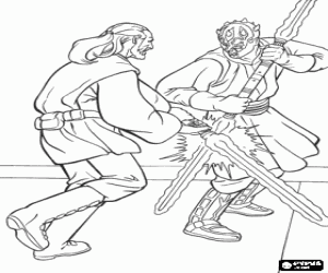 desenho de Luta entre o Cavaleiro Jedi Qui-Gon Jinn e o aprendiz de Sith Darth Maul  para colorir
