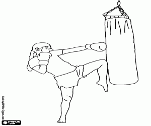 desenho de Lutadora de Full Contact ou Kickboxing na forma��o sobre o saco para colorir