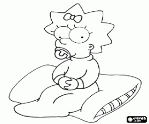 desenho de Maggie a beb� sentada em uma almofada com uma chupeta na boca para colorir