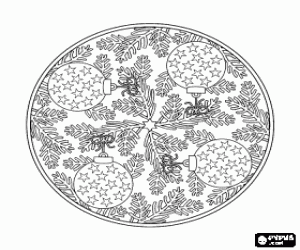 desenho de Mandala com as decora��es de Natal de folhas de pinheiro e bolas com estrelas para colorir