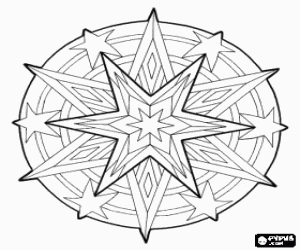 desenho de Mandala de Natal com diferentes estrelas para colorir