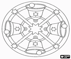 desenho de Mandala decorativa do Natal com sinos e estrelas para colorir