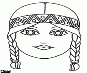 desenho de M�scara de mulher jovem indiana com suas tran�as para colorir