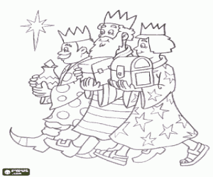desenho de Melquior, Baltasar e Gaspar felizes em seu caminho para o Menino Jesus para colorir