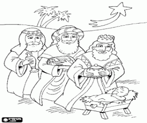 desenho de Melquior, Gaspar e Baltasar oferecendo seus presentes antes do Menino Jesus sob a luz da estrela de Natal para colorir