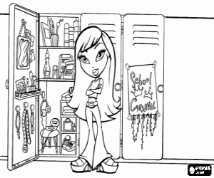desenho de Menina Bratz na frente de seu arm�rio no instituto com todos os pertences pessoais para colorir