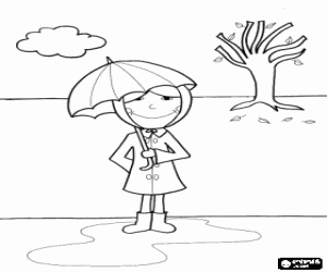 desenho de Menina com botas de borracha, capa de chuva e guarda-chuva em uma paisagem outonal com uma árvore de folha caduca para colorir