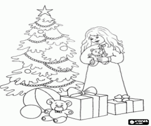 desenho de Menina com os presentes de Natal perto da �rvore para colorir