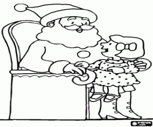 desenho de Menina fala para Papai Noel sentada no seu rega�o para colorir