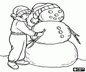 desenho de Menina fazendo um grande boneco de neve para colorir