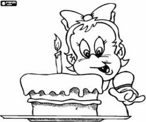 desenho de Menina feliz com o seu bolo de anivers�rio com velas acesas para colorir