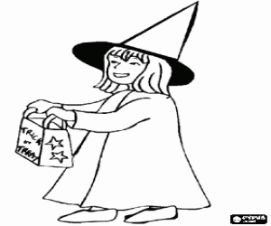 desenho de Menina vestida de bruxa fazendo o doce ou travessura em Halloween para colorir