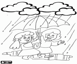 desenho de Meninas andando na chuva com seu guarda-chuva para colorir