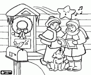 desenho de Meninas cantando hinos natalinos com seu cachorro na frente de uma casa para colorir