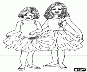 desenho de Meninas com tutus e chinelos prontas para a aula de bal� para colorir
