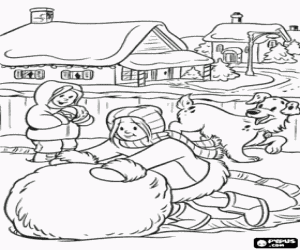 desenho de Meninas com um c�o brincando na neve fazendo uma grande bola no meio do inverno para colorir