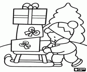 desenho de Menino com um tren� cheio de presentes de Natal para colorir