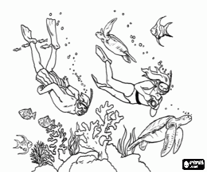 desenho de Mergulhadores praticando mergulho livre ou a pulm�o no fundo do mar para colorir