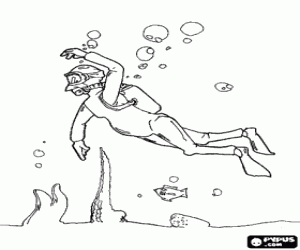 desenho de Mergulho - Mergulhando no fundo do mar com equipamentos para colorir