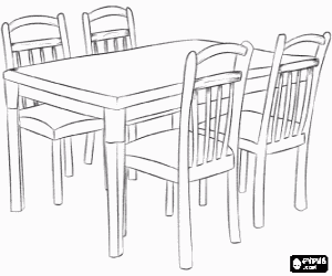 desenho de Mesa de jantar com quatro cadeiras, toda a madeira para colorir