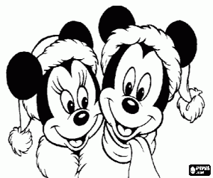 desenho de Mickey e Minnie Mouse bem abrigados com chap�us de Santa Claus  para colorir